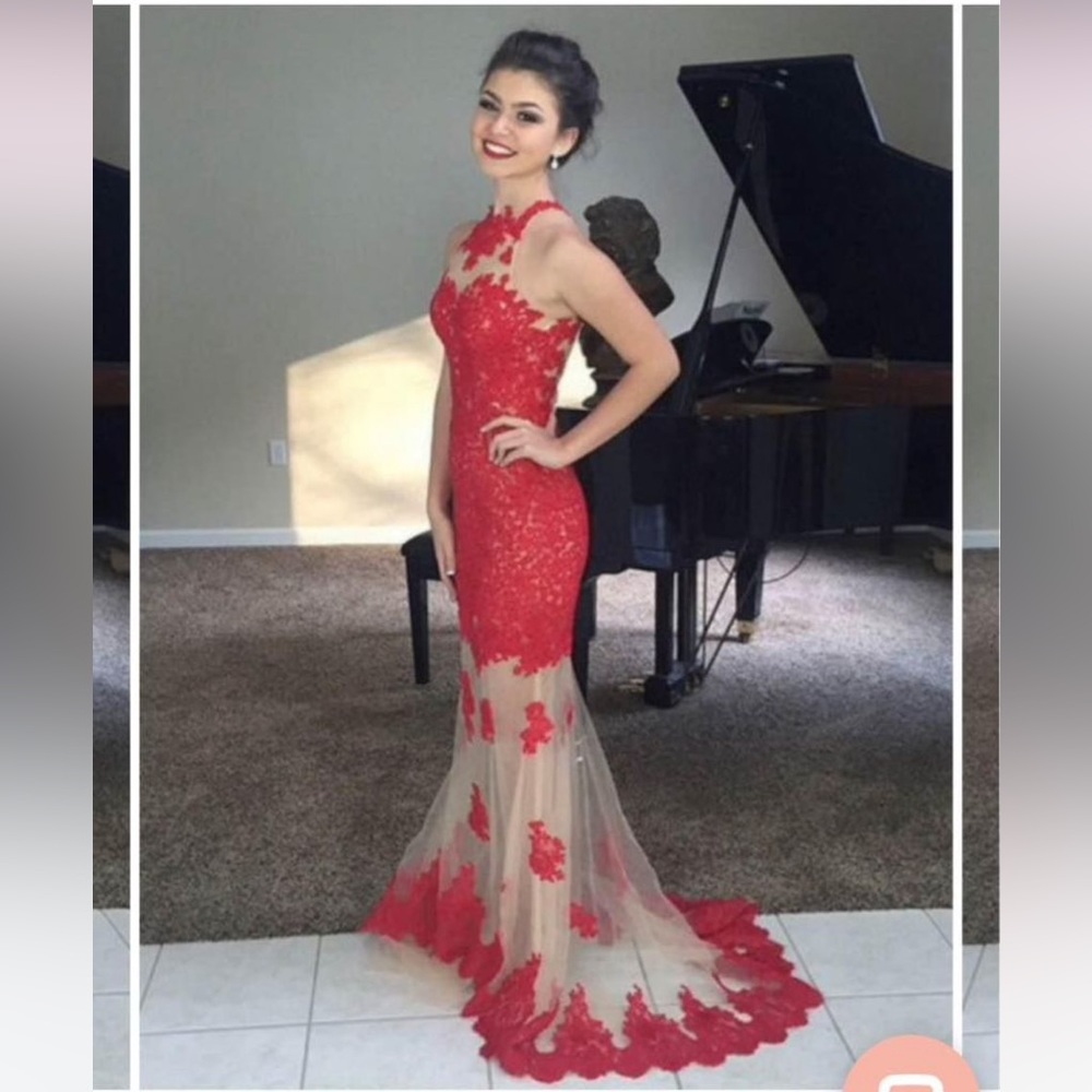 Red & white lace dress / formal unique long gown with train. Hebeos brand, size8